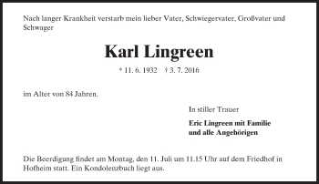 Traueranzeige von Karl Lingreen von Trauerportal Echo Online