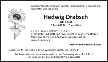 Traueranzeige von Hedwig Drabsch von Trauerportal Rhein Main Presse