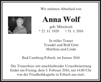 Traueranzeige von Anna Wolf von  Camberger Anzeiger