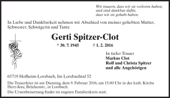 Traueranzeige von Gerti Spitzer-Clot von  Hofheimer Zeitung