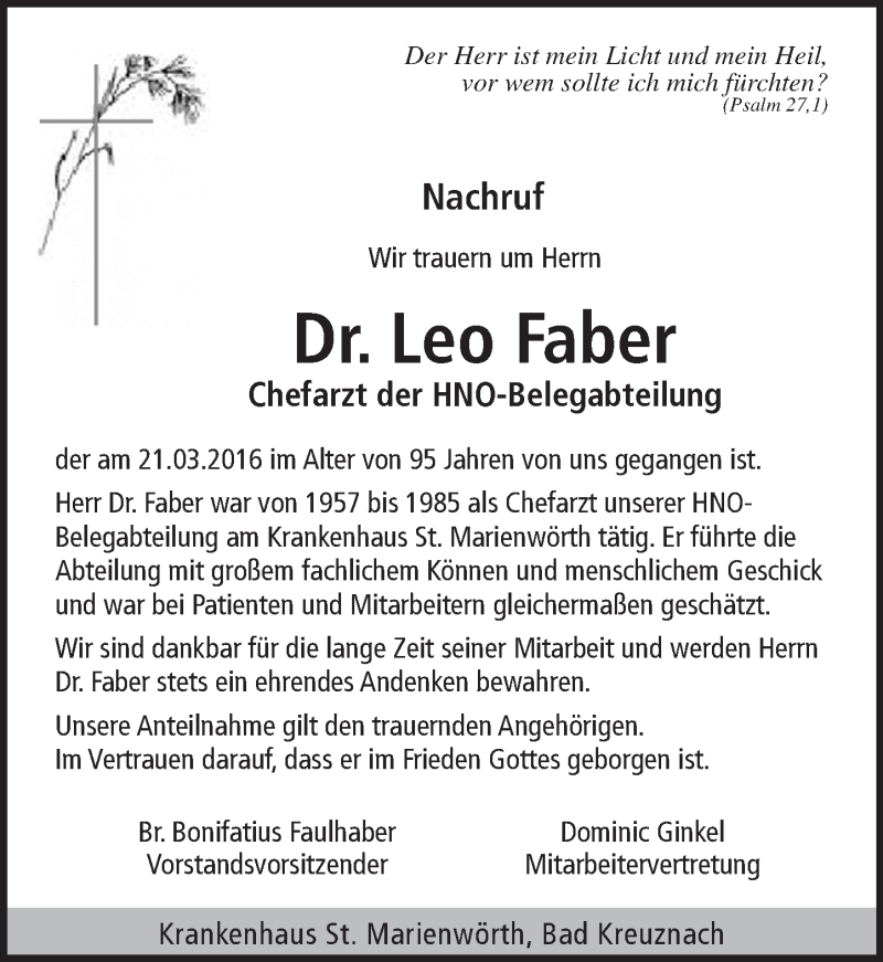  Traueranzeige für Leo Faber vom 15.04.2016 aus trauer.rmp.de