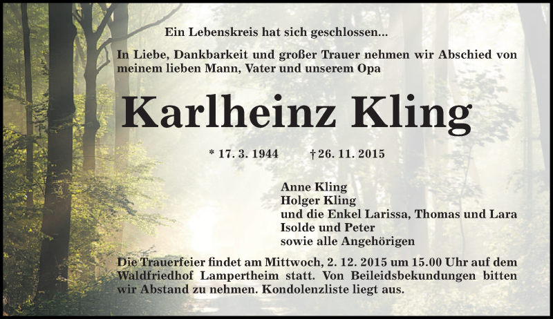  Traueranzeige für Karlheinz Kling vom 30.11.2015 aus  Bürstädter Zeitung