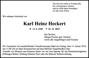 Traueranzeige von Karl Heinz Heckert von  Mainspitze