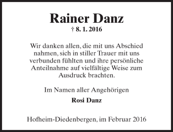 Traueranzeige von Rainer Danz von  Hofheimer Zeitung