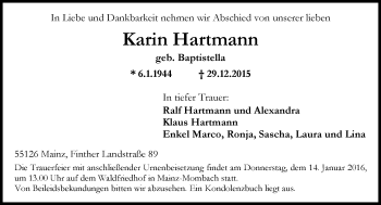 Traueranzeige von Karin Hartmann von  Allgemeine Zeitung Mainz