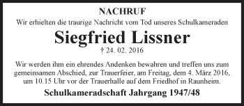 Traueranzeige von Siegfried Lissner von trauer.rmp.de