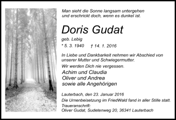 Traueranzeige von Doris Gudat von VRM Trauer