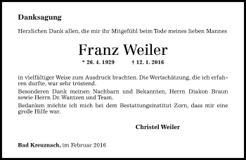 Traueranzeige von Franz Weiler von  Allg. Zeitung Bad Kreuznach