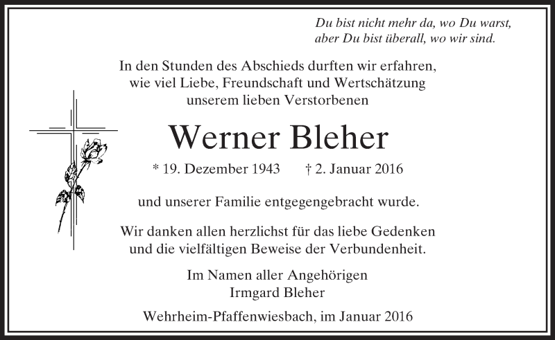 Traueranzeige für Werner Bleher vom 23.01.2016 aus  Usinger Anzeiger