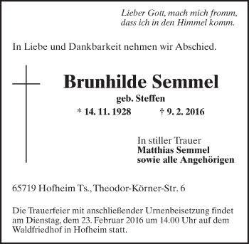 Traueranzeige von Brunhilde Semmel von  Hofheimer Zeitung
