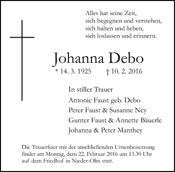 Traueranzeige von Johanna Debo von  Allgemeine Zeitung Mainz