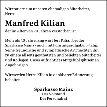 Traueranzeige von Manfred Kilian von  Allgemeine Zeitung Mainz