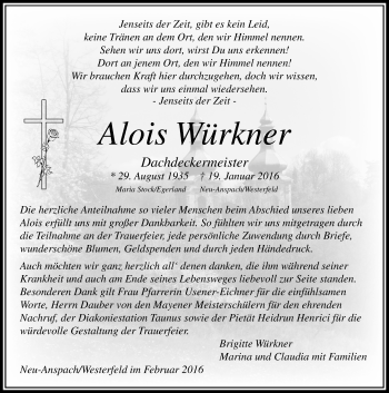 Traueranzeige von Alois Würkner von  Usinger Anzeiger