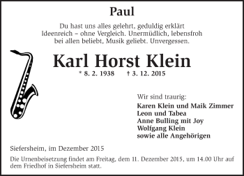 Traueranzeige von Karl Horst Klein von  Allgemeine Zeitung Alzey
