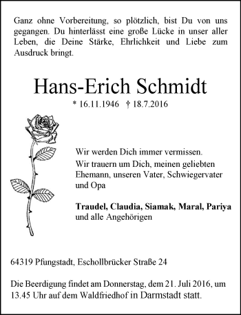 Traueranzeige von Hans-Erich Schmidt von Trauerportal Echo Online