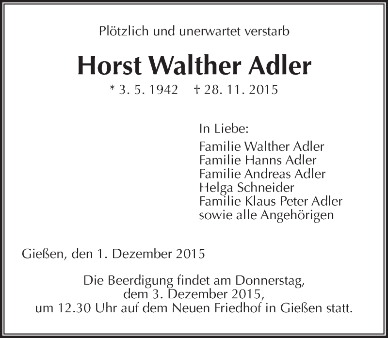  Traueranzeige für Horst Walther Adler vom 01.12.2015 aus  Gießener Anzeiger