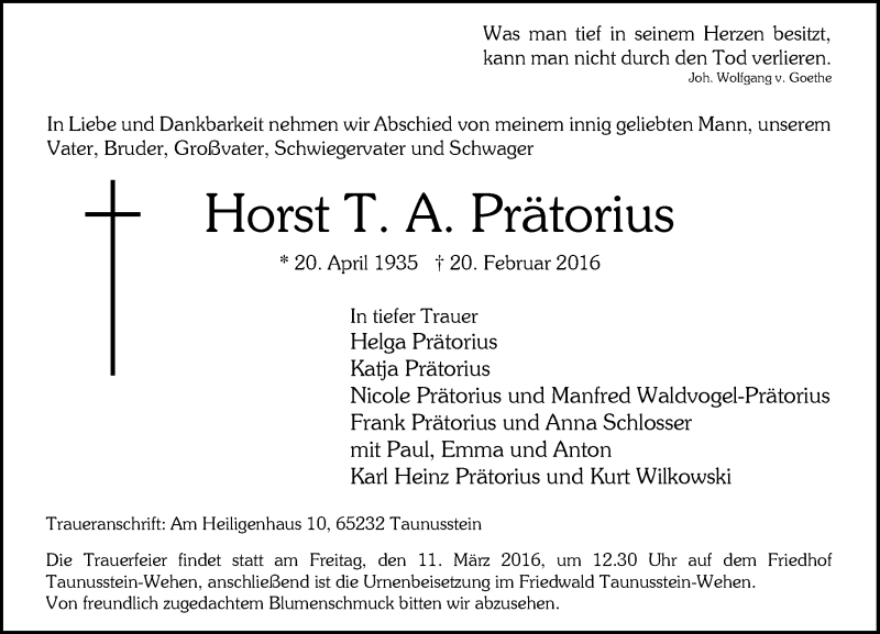  Traueranzeige für Horst T. A. Prätorius vom 27.02.2016 aus  Wiesbaden komplett