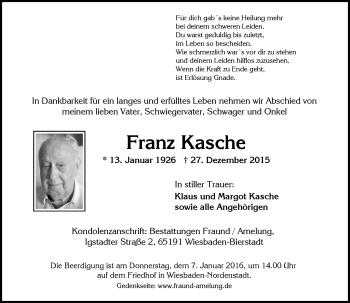 Traueranzeige von Franz Kasche von  Wiesbaden komplett