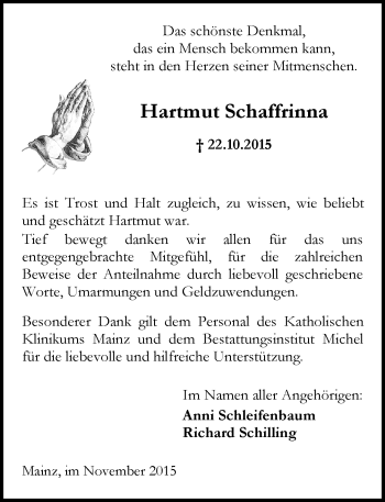 Traueranzeige von Hartmut Schaffrinna von  Allgemeine Zeitung Mainz