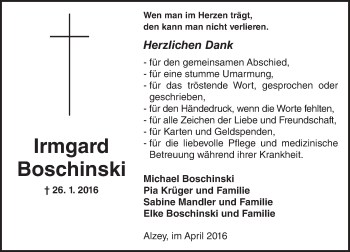 Traueranzeige von Irmgard Boschinski von  Allgemeine Zeitung Alzey
