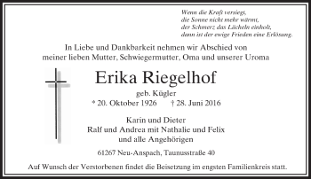 Traueranzeige von Erika Riegelhof von  Usinger Anzeiger