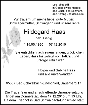 Traueranzeige von Hildegard Haas von  Wiesbaden komplett