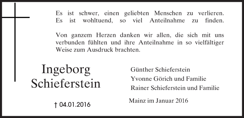  Traueranzeige für Ingeborg Schieferstein vom 30.01.2016 aus  Allgemeine Zeitung Mainz