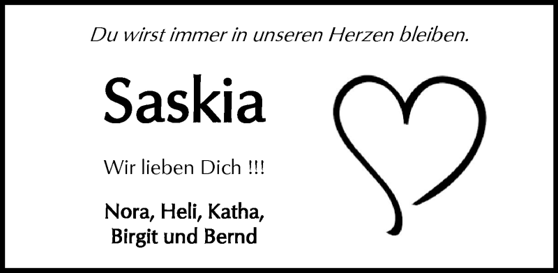  Traueranzeige für Saskia Schnarr vom 30.01.2016 aus  Kreisanzeiger