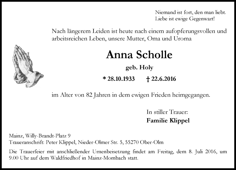 Traueranzeige für Anna Scholle vom 02.07.2016 aus Trauerportal Rhein Main Presse