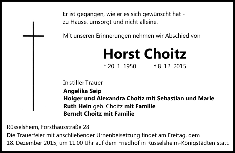  Traueranzeige für Horst Choitz vom 12.12.2015 aus  Mainspitze