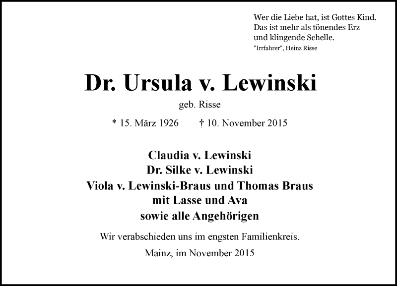  Traueranzeige für Ursula v. Lewinski vom 21.11.2015 aus  Allgemeine Zeitung Mainz