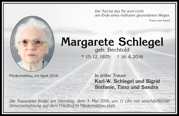 Traueranzeige von Margarete Schlegel von  GT am Sonntag