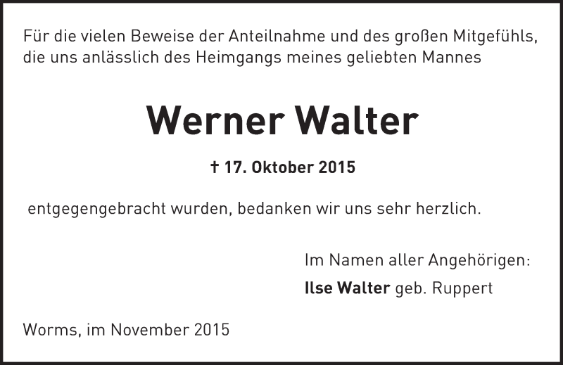  Traueranzeige für Werner Walter vom 12.11.2015 aus  Wormser Zeitung