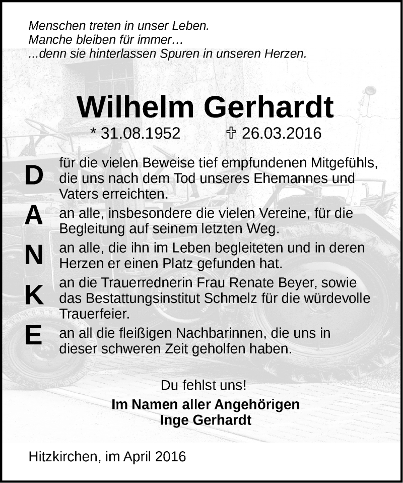  Traueranzeige für Wilhelm Gerhardt vom 23.04.2016 aus  Sonntags Anzeiger