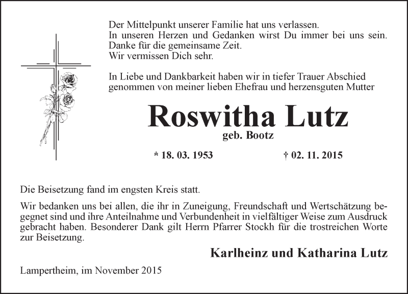  Traueranzeige für Roswitha Lutz vom 14.11.2015 aus  Bürstädter Zeitung