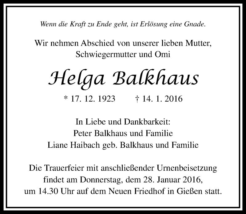  Traueranzeige für Helga Balkhaus vom 22.01.2016 aus  Gießener Anzeiger
