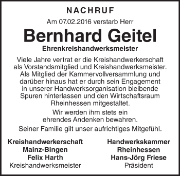 Traueranzeige von Bernhard Geitel von trauer.rmp.de