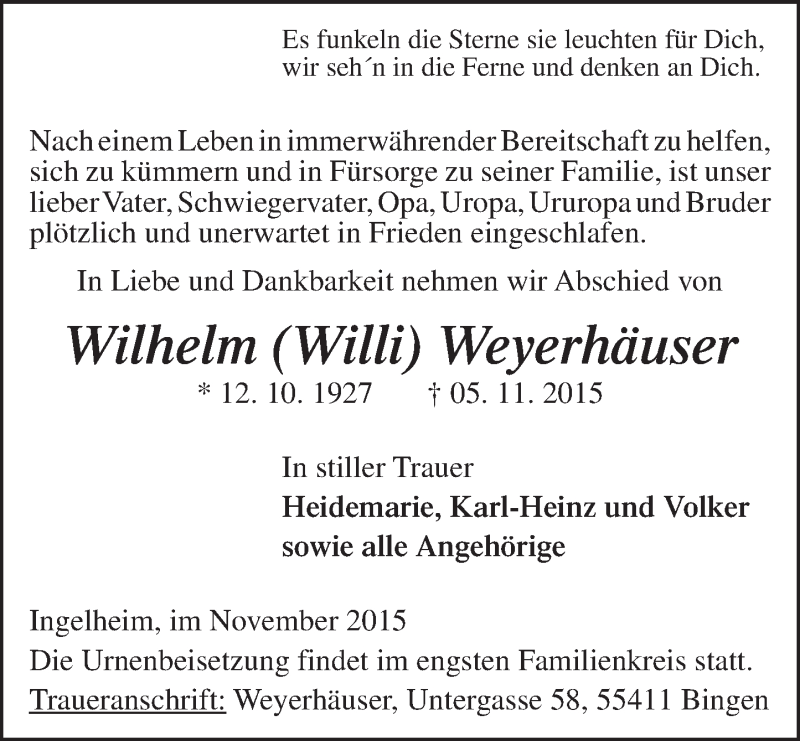  Traueranzeige für Wilhelm Weyerhäuser vom 18.11.2015 aus  Allgemeine  Zeitung Ingelheim-Bingen