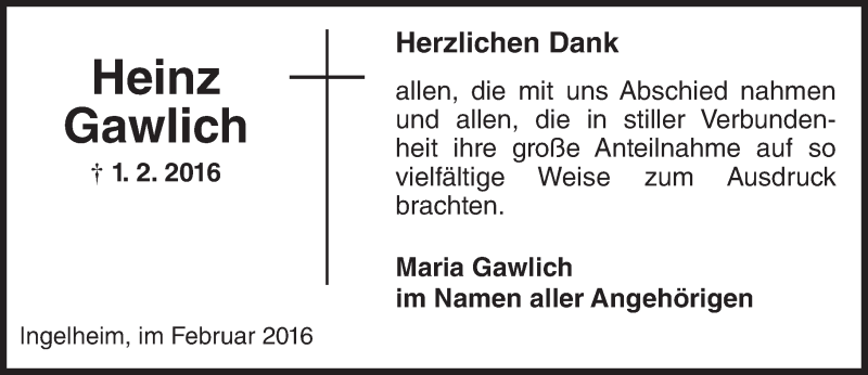  Traueranzeige für Heinz Gawlich vom 27.02.2016 aus  Allgemeine  Zeitung Ingelheim-Bingen