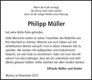Traueranzeige von Philipp Müller von  Wormser Zeitung