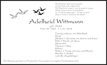 Traueranzeige von Adelheid Wittmann von  WK-UTA/Aar-Bote