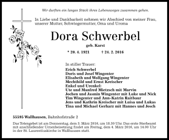 Traueranzeige von Dora Schwerbel von  Allg. Zeitung Bad Kreuznach