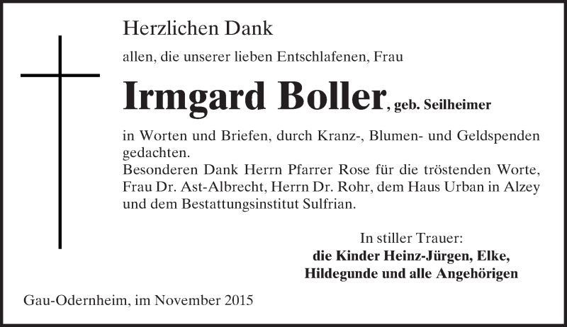  Traueranzeige für Irmgard Boller vom 14.11.2015 aus  Allgemeine Zeitung Alzey