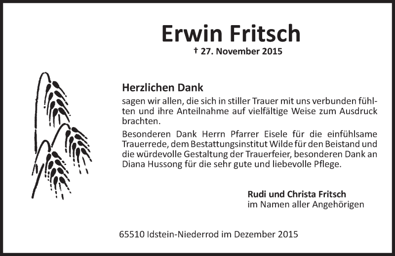  Traueranzeige für Erwin Fritsch vom 10.12.2015 aus  Idsteiner Zeitung