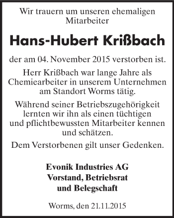 Traueranzeige von Hans-Hubert Krißbach von  Wormser Zeitung