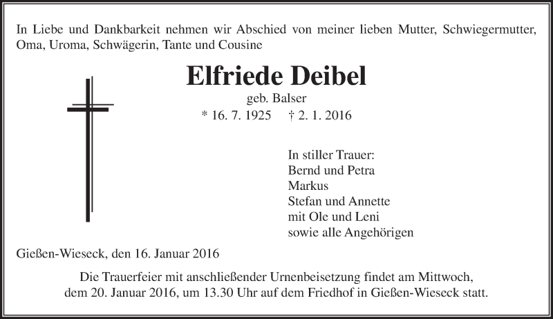  Traueranzeige für Elfriede Deibel vom 16.01.2016 aus  Gießener Anzeiger