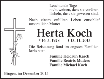 Traueranzeige von Herta Koch von  Allgemeine  Zeitung Ingelheim-Bingen