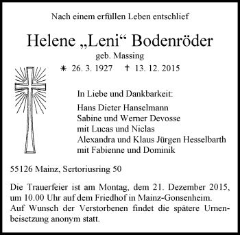 Traueranzeige von Helene Bodenröder von  Allgemeine Zeitung Mainz