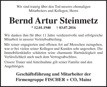 Traueranzeige von Bernd Artur Steinmetz von Trauerportal Rhein Main Presse