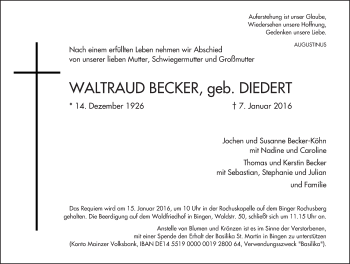 Traueranzeige von Waltraud Becker von  Allgemeine  Zeitung Ingelheim-Bingen